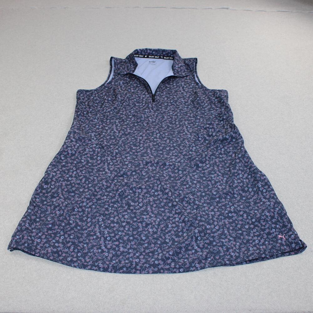 Puma Dress Women XL Blue Floral Golf Tank Collar Zip Pockets Stretch Pickleball